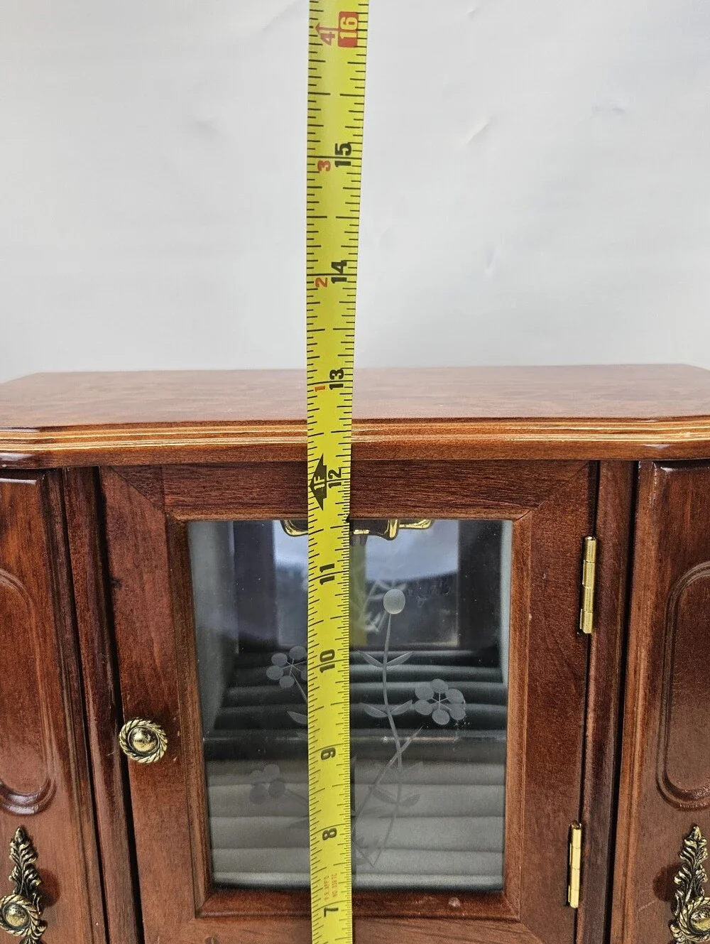 Vintage Wooden Jewelry Armoire Box 2 Drawers Ring Etched Glass Doors Felt Lined